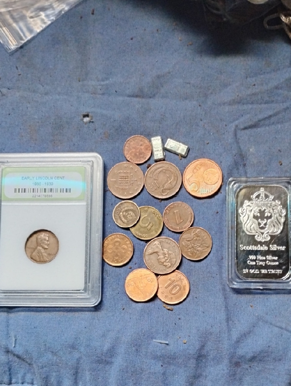Mixed Coin Lot with Silver Content Bar and Graded Lincoln Cent